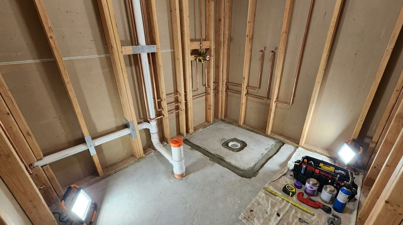 Bathroom rough-in plumbing during remodel by Johns Plumbing LLC in Dove Creek