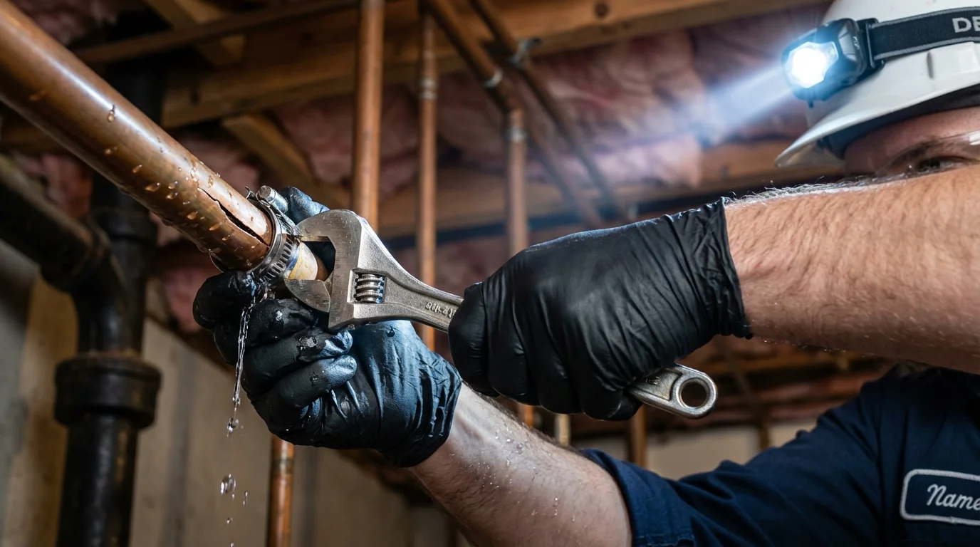 Emergency pipe clamp repair being performed by a Johns Plumbing LLC plumber in Dove Creek