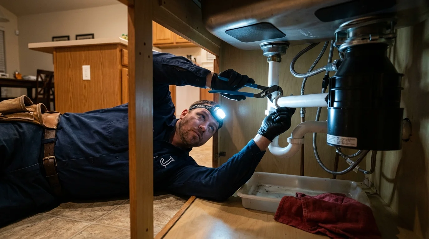 P-trap and supply line connections under a kitchen sink showing a common leak point in Dove Creek, CO